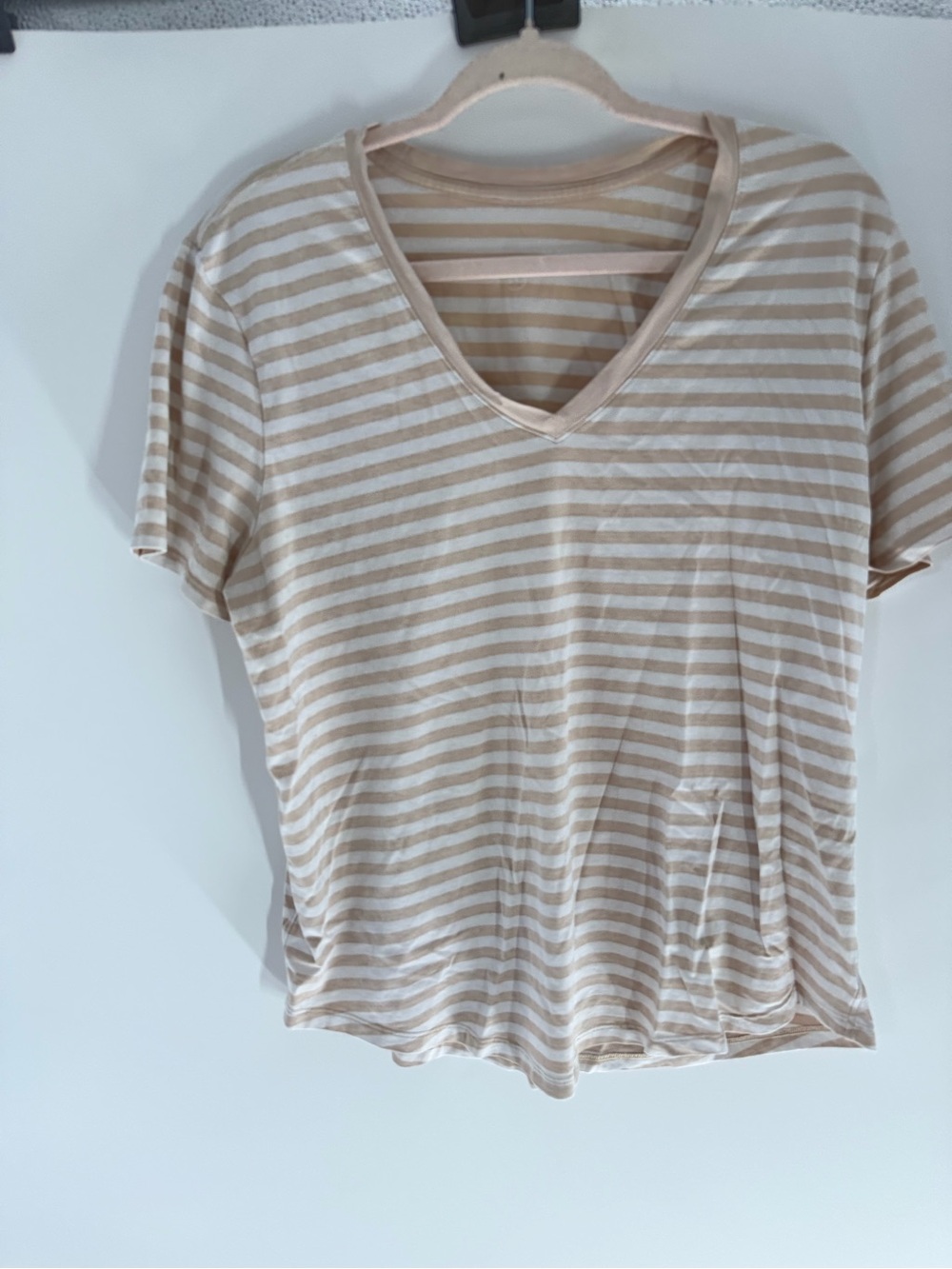 lululemon athletica Beige and White Striped V-Neck Tee